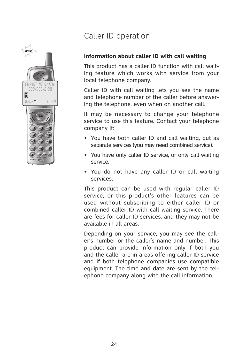 Caller id operation, Information about caller id with call waiting | AT&T E5804 User Manual | Page 27 / 52