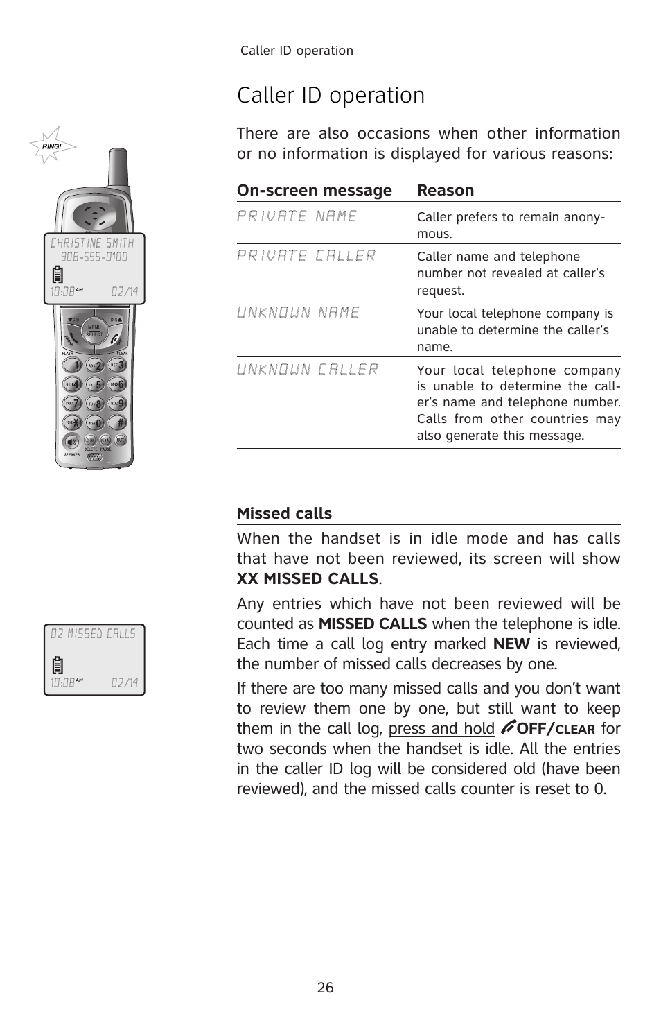 On-screen message, Missed calls, Caller id operation | AT&T E5804 User Manual | Page 29 / 52