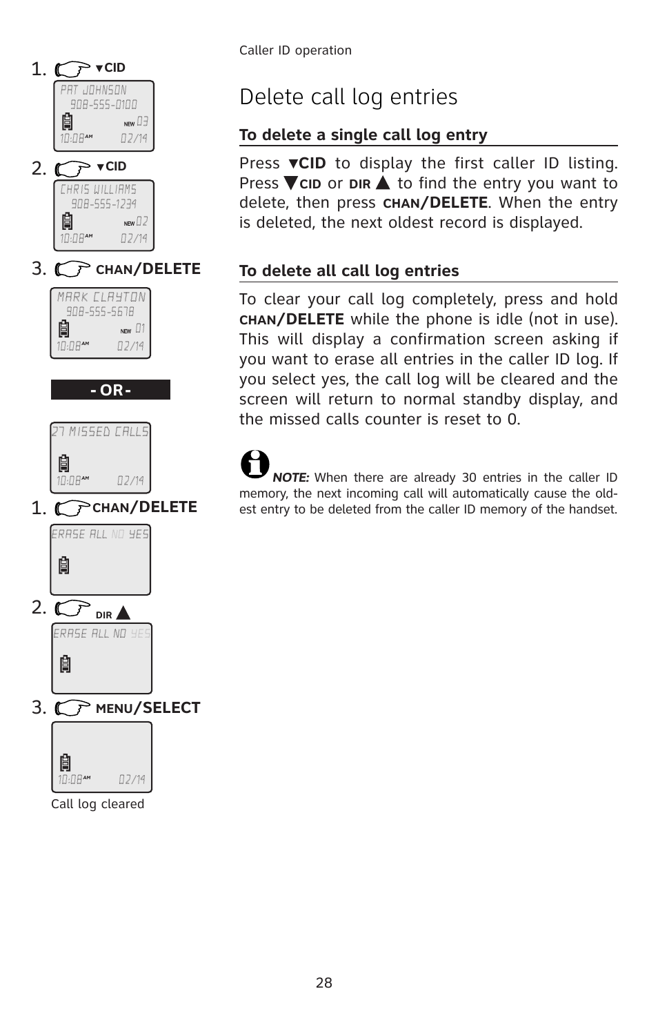 Delete call log entries, To delete a single call log entry, To delete all call log entries | Delete - or, Select, Delete | AT&T E5804 User Manual | Page 31 / 52