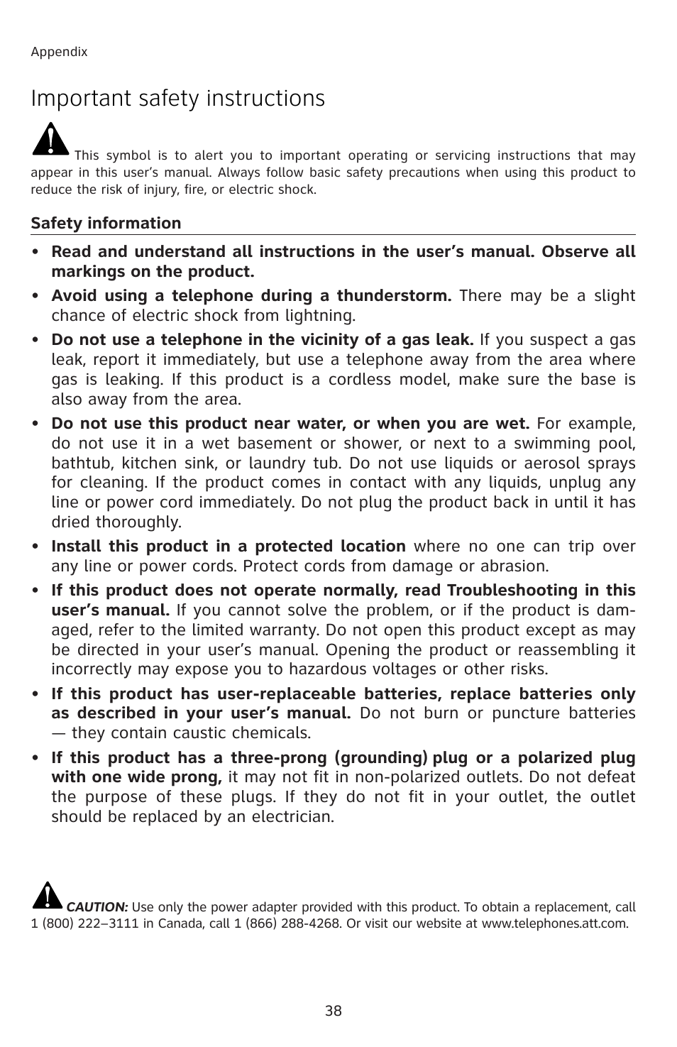 Important safety instructions | AT&T E5804 User Manual | Page 41 / 52