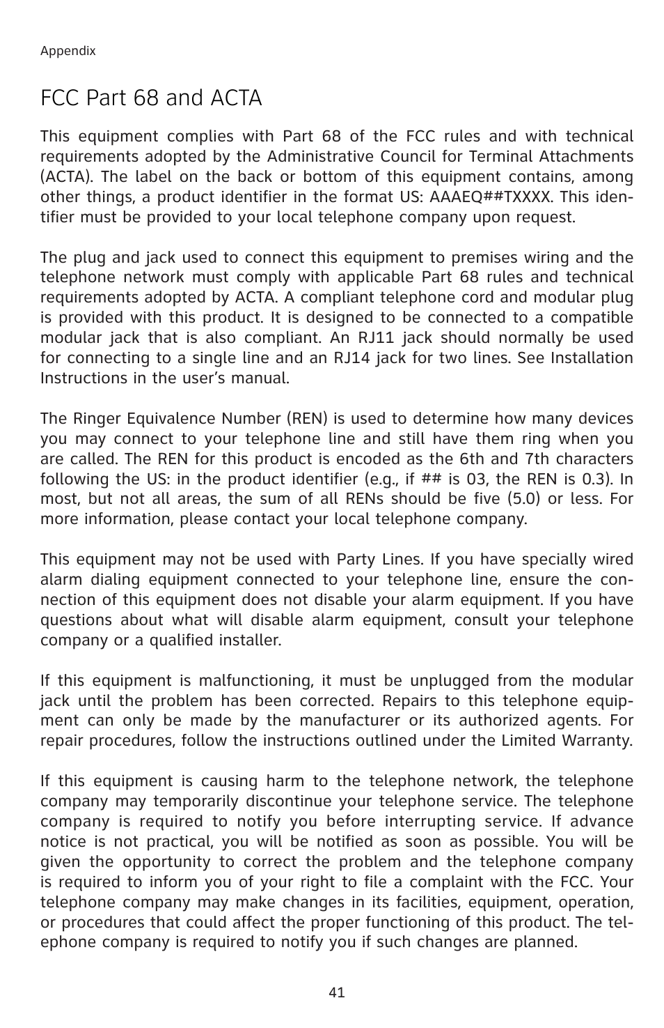 Fcc part 68 and acta | AT&T E5804 User Manual | Page 44 / 52