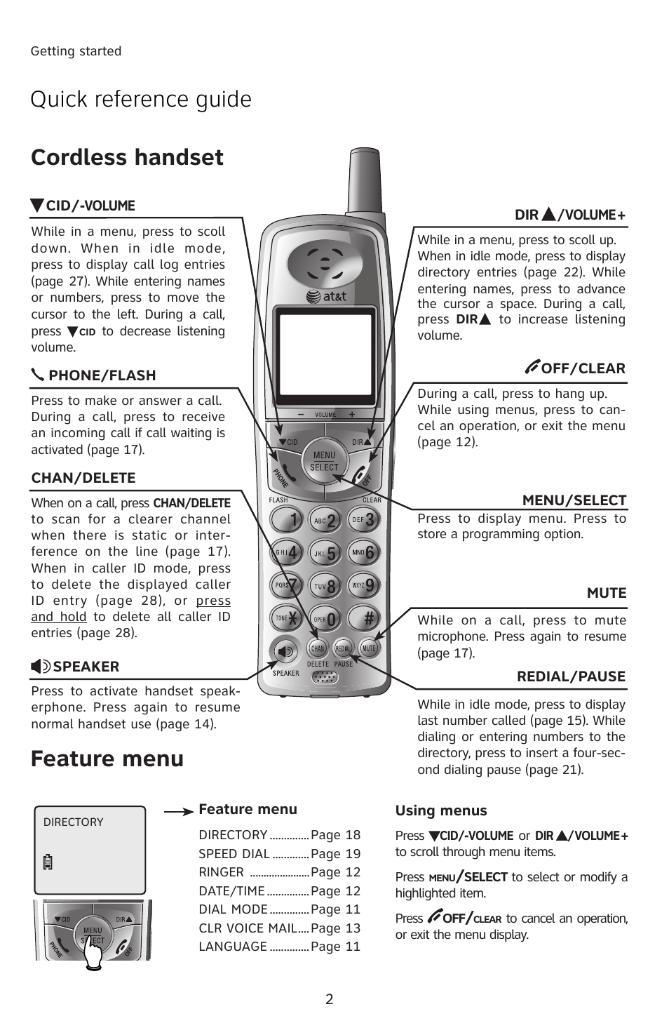 Quick reference guide, Cordless handset, Quick reference guide cordless handset | Feature menu | AT&T E5804 User Manual | Page 5 / 52