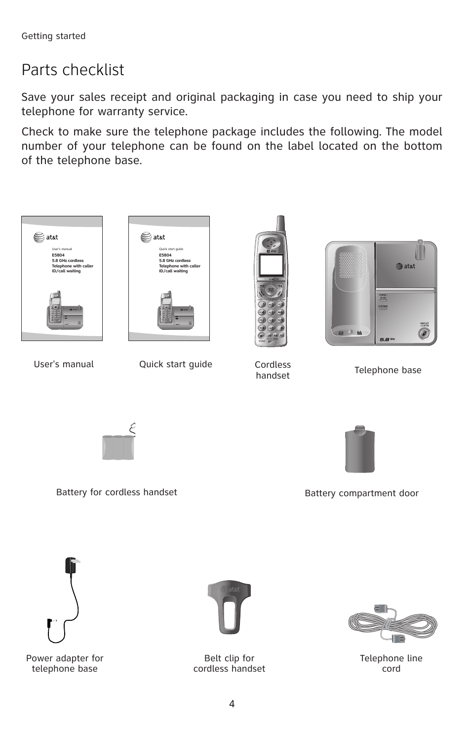 Parts checklist | AT&T E5804 User Manual | Page 7 / 52