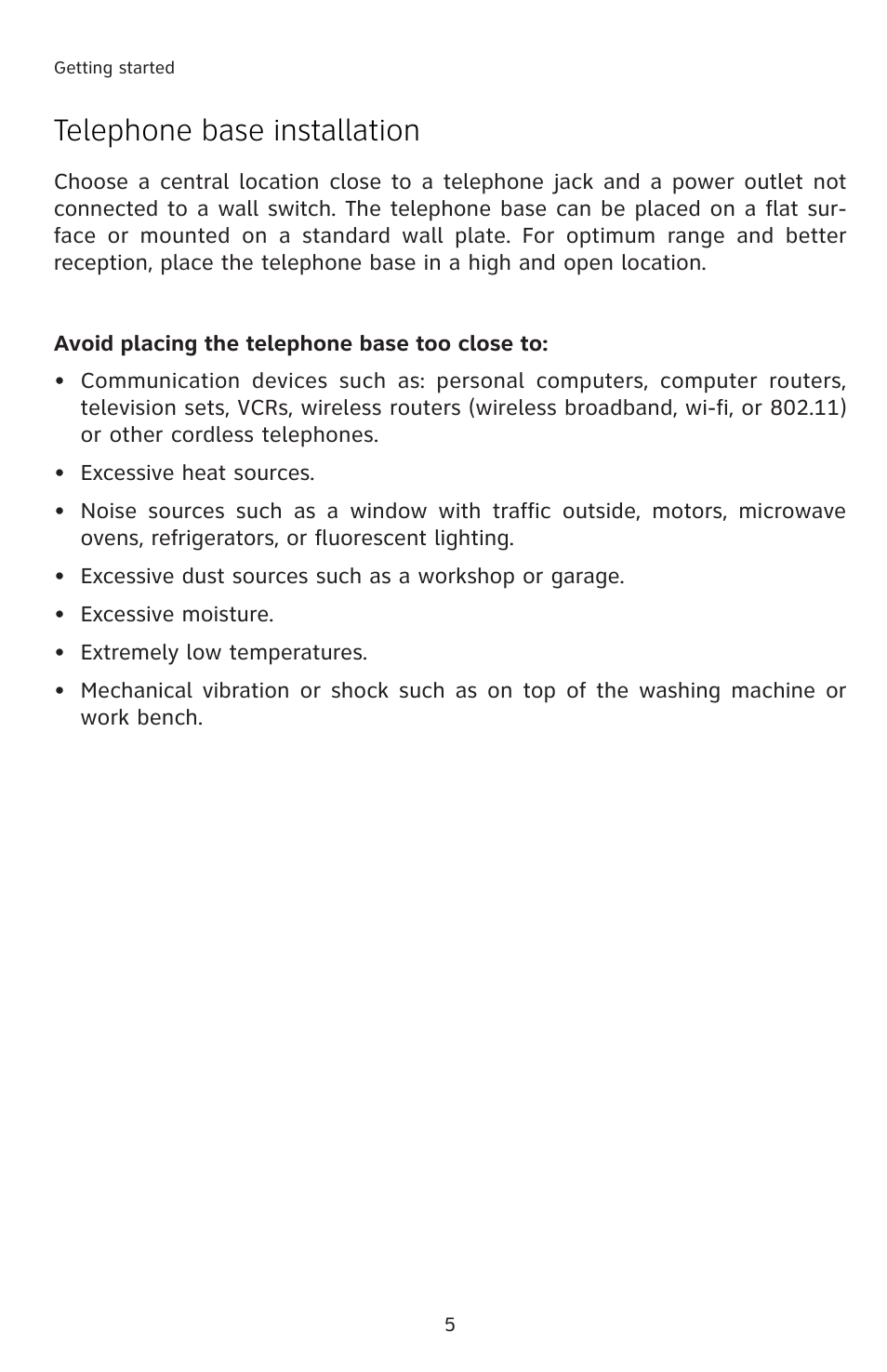 Telephone base installation | AT&T E5804 User Manual | Page 8 / 52