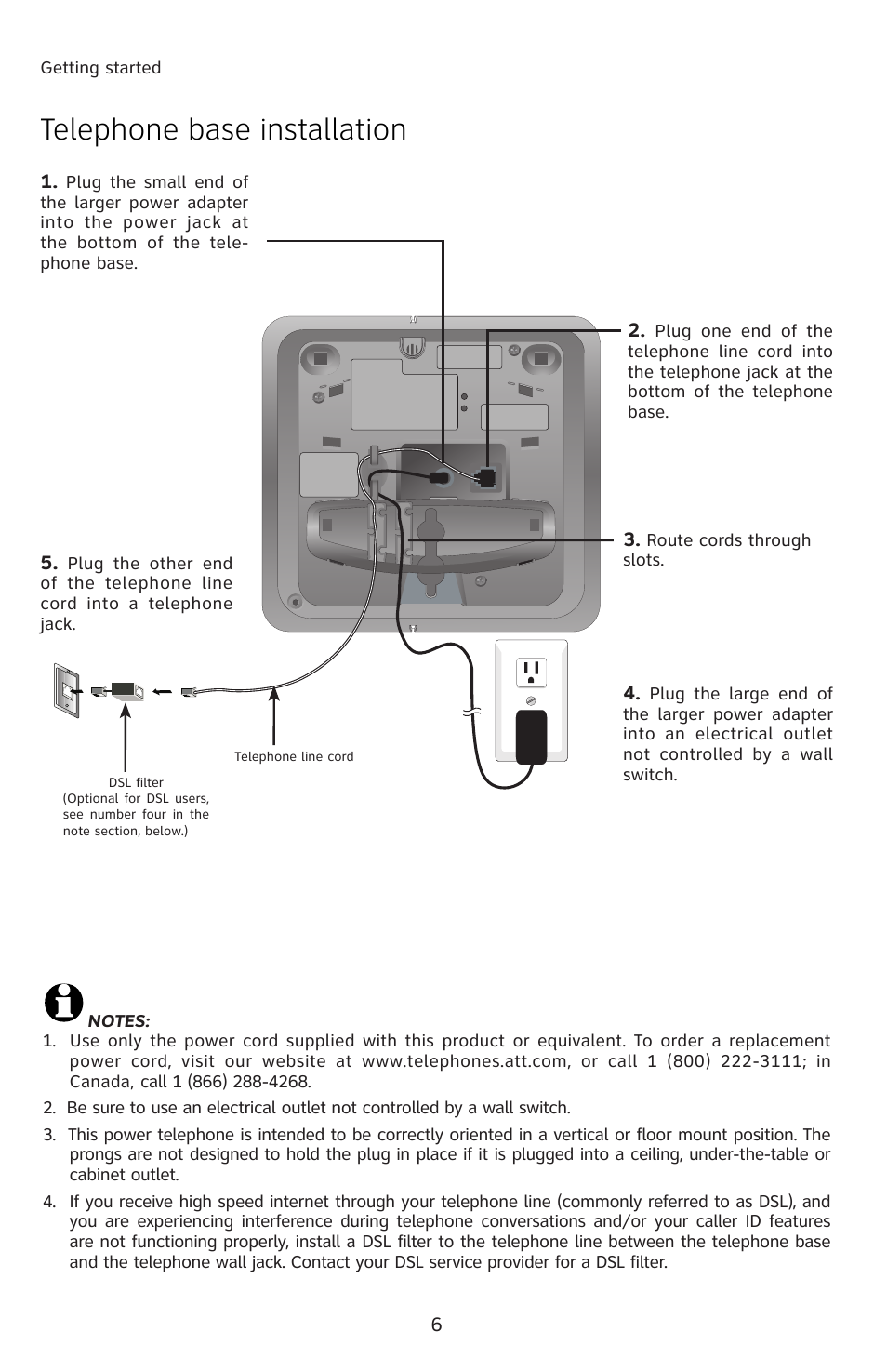 Telephone base installation | AT&T E5804 User Manual | Page 9 / 52