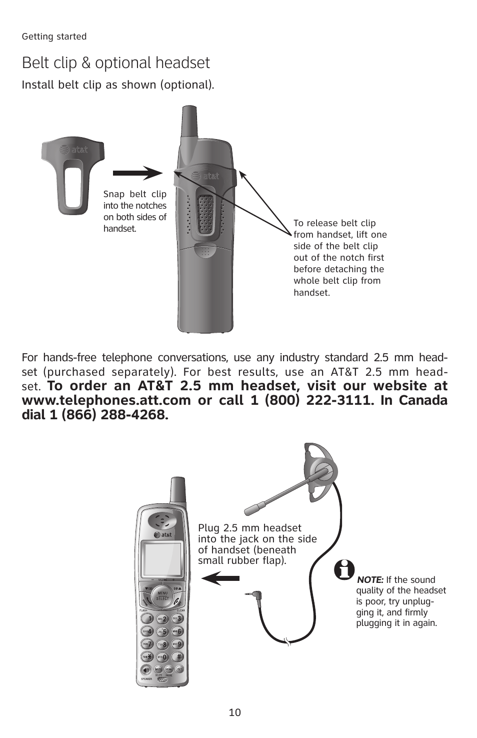 Belt clip & optional headset | AT&T 2812B User Manual | Page 13 / 69