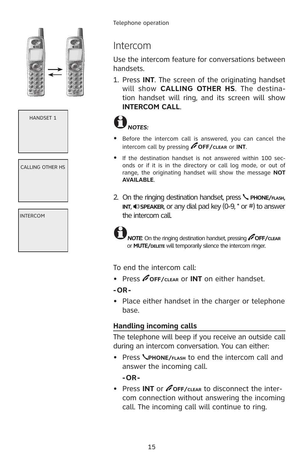 Intercom, On the ringing destination handset, press | AT&T 2812B User Manual | Page 18 / 69