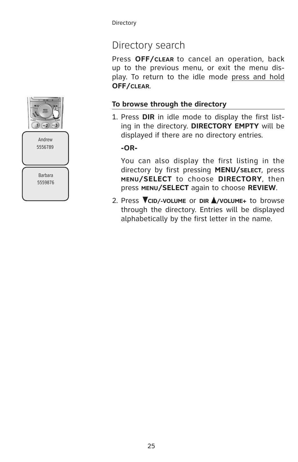 Directory search, Press off, Press | Select to choose directory , then press, Select again to choose review . 2. press | AT&T 2812B User Manual | Page 28 / 69