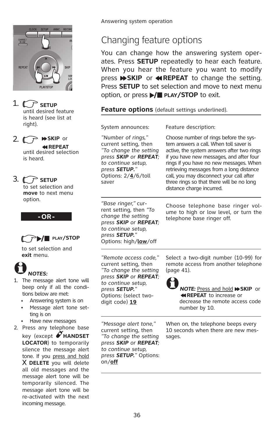 Changing feature options, Stop to exit. feature options | AT&T 2812B User Manual | Page 39 / 69