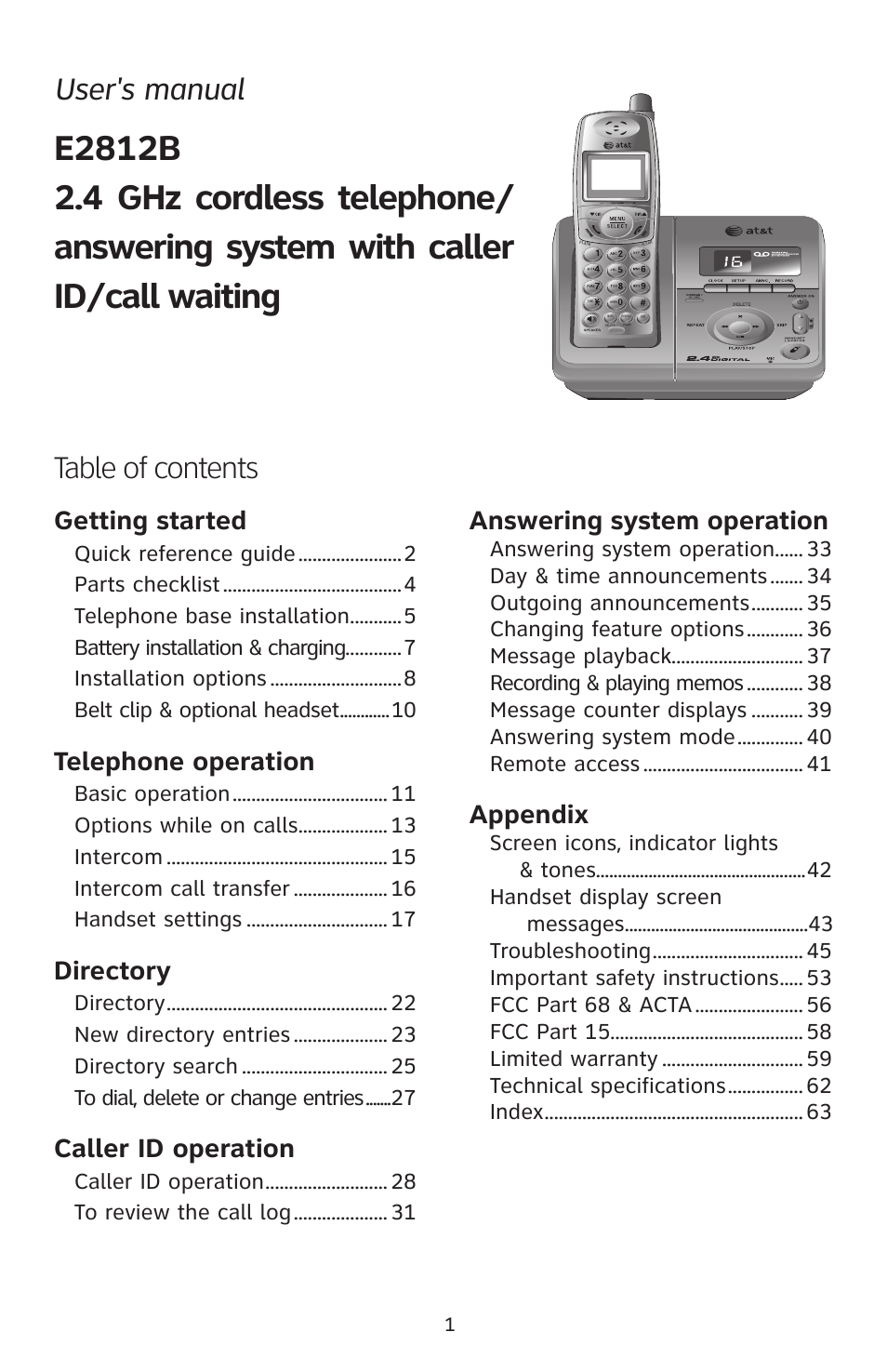Table of contents user's manual, Getting started, Telephone operation | Directory, Caller id operation, Answering system operation, Appendix, Caller id operation to review the call log | AT&T 2812B User Manual | Page 4 / 69