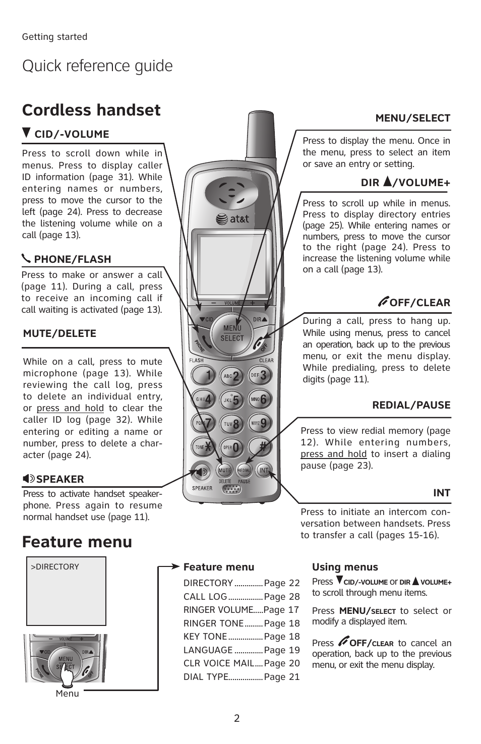 Feature menu, Quick reference guide, Cordless handset | AT&T 2812B User Manual | Page 5 / 69