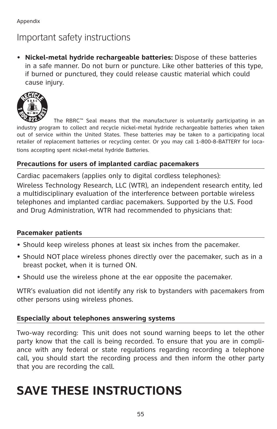 Save these instructions, Important safety instructions | AT&T 2812B User Manual | Page 58 / 69