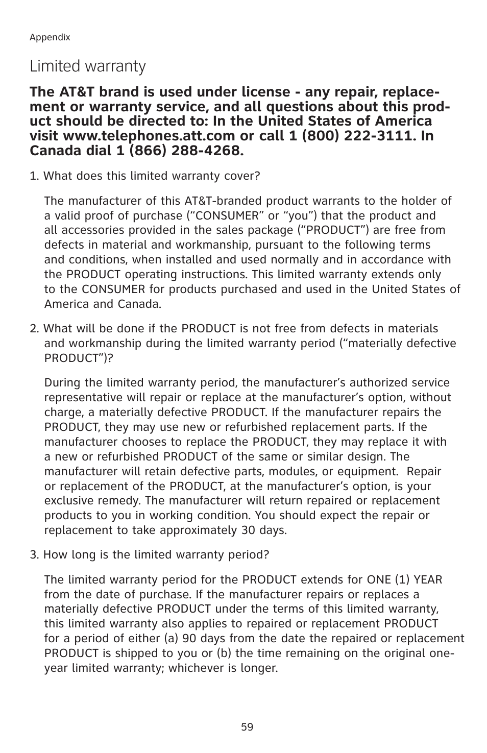 Limited warranty | AT&T 2812B User Manual | Page 62 / 69