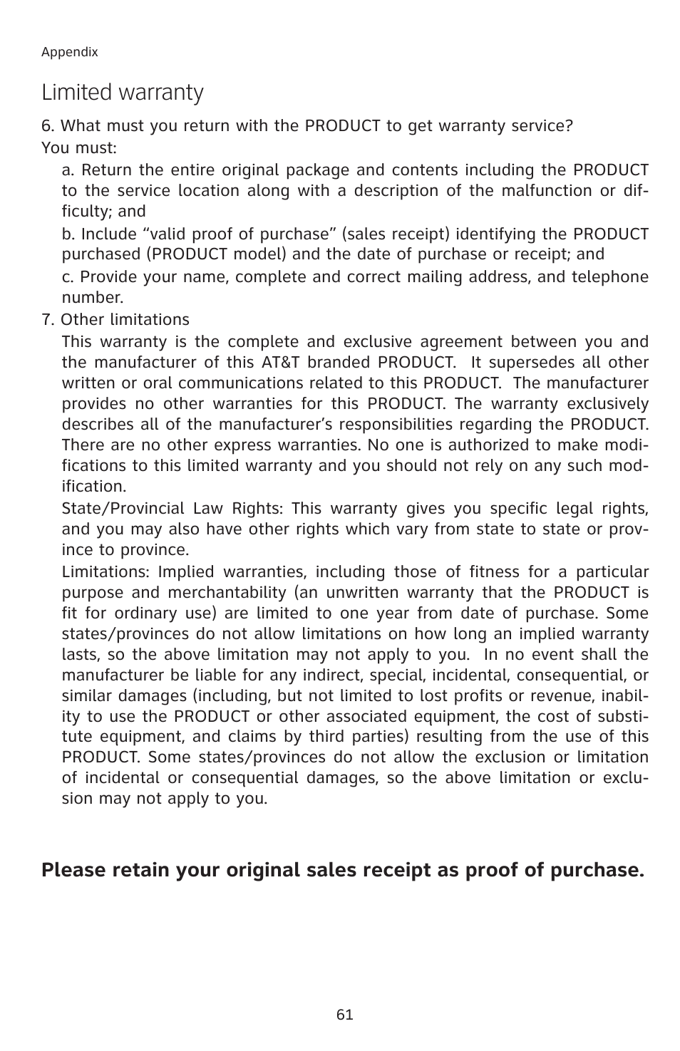 Limited warranty | AT&T 2812B User Manual | Page 64 / 69