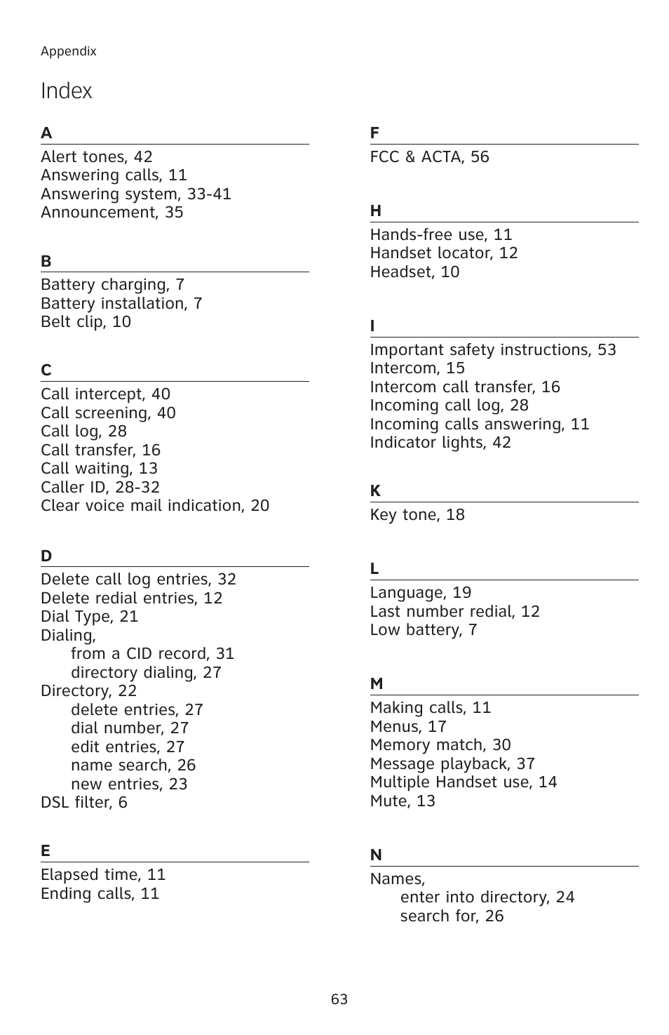 Index | AT&T 2812B User Manual | Page 66 / 69