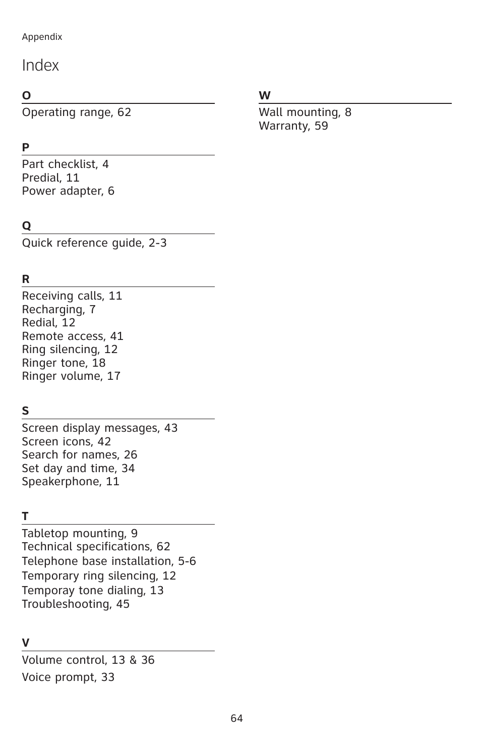 Index | AT&T 2812B User Manual | Page 67 / 69