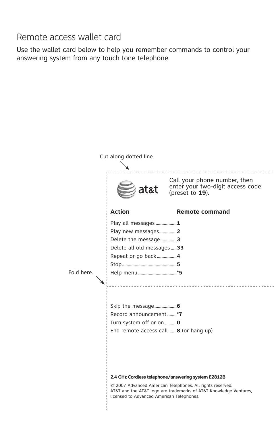 Remote access wallet card | AT&T 2812B User Manual | Page 68 / 69