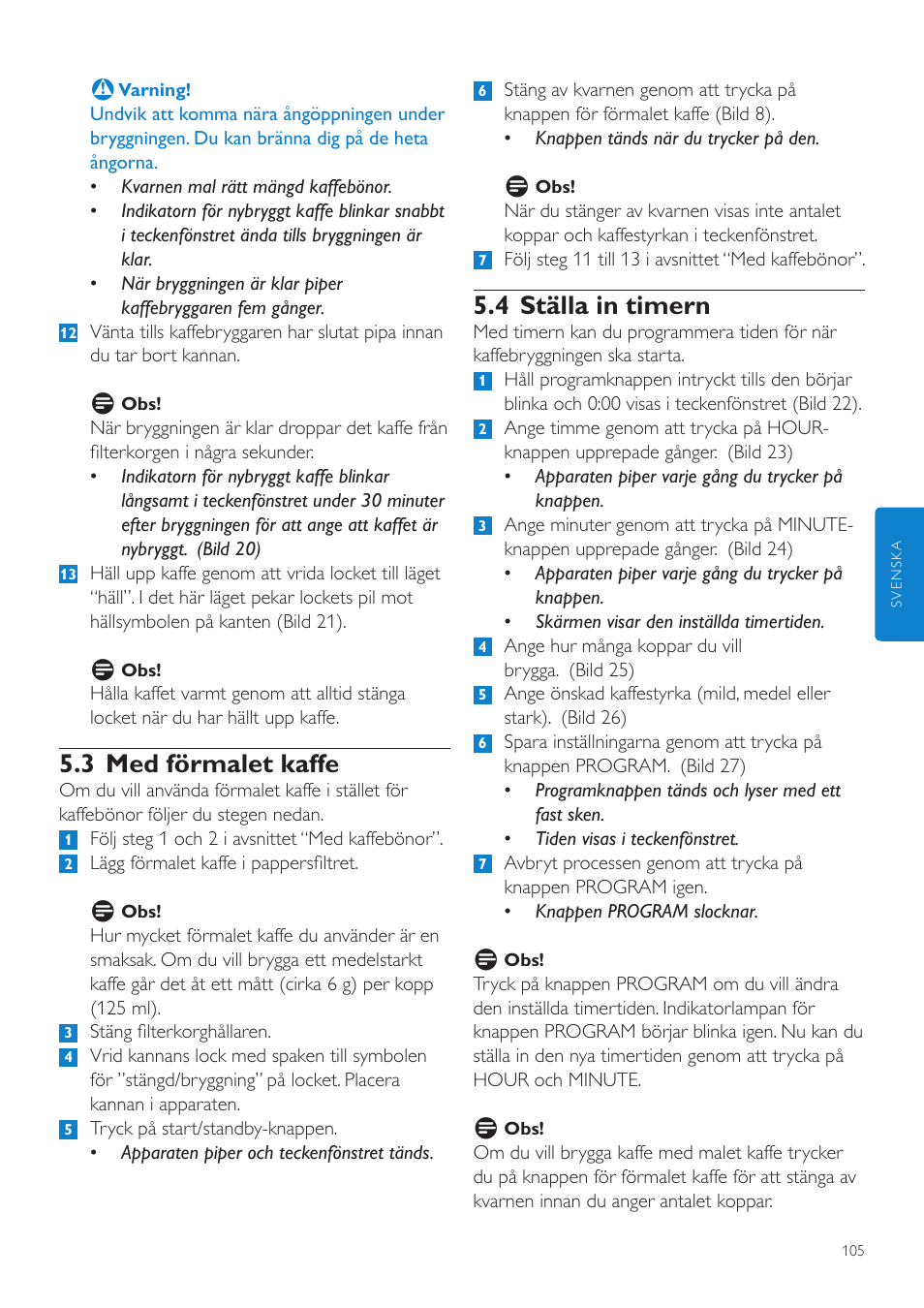 4 ställa in timern, 3 med förmalet kaffe | Philips Grind & Brew Cafetière User Manual | Page 105 / 124