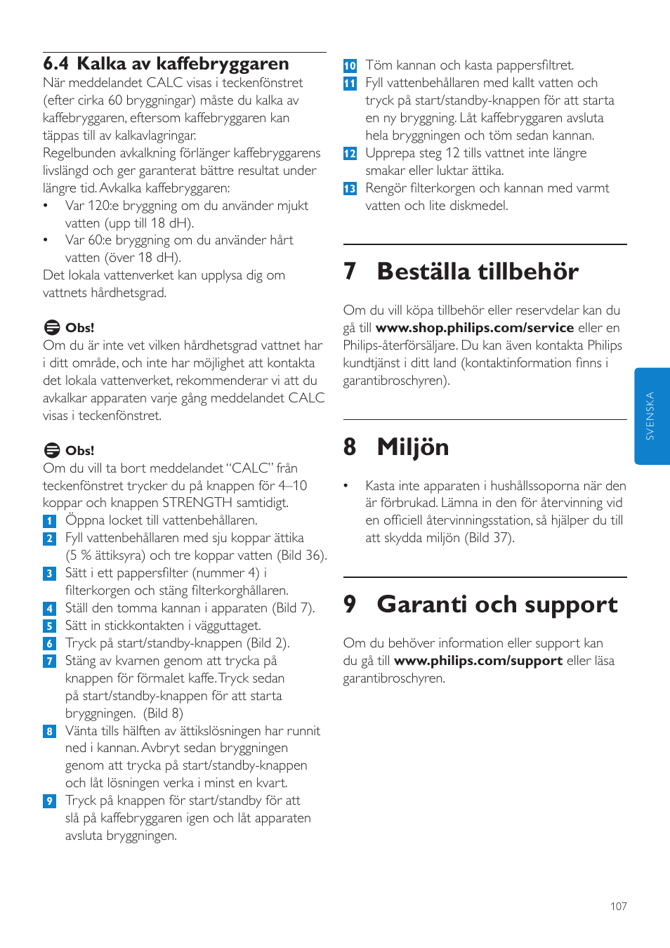 7 beställa tillbehör, 8 miljön, 9 garanti och support | 4 kalka av kaffebryggaren | Philips Grind & Brew Cafetière User Manual | Page 107 / 124