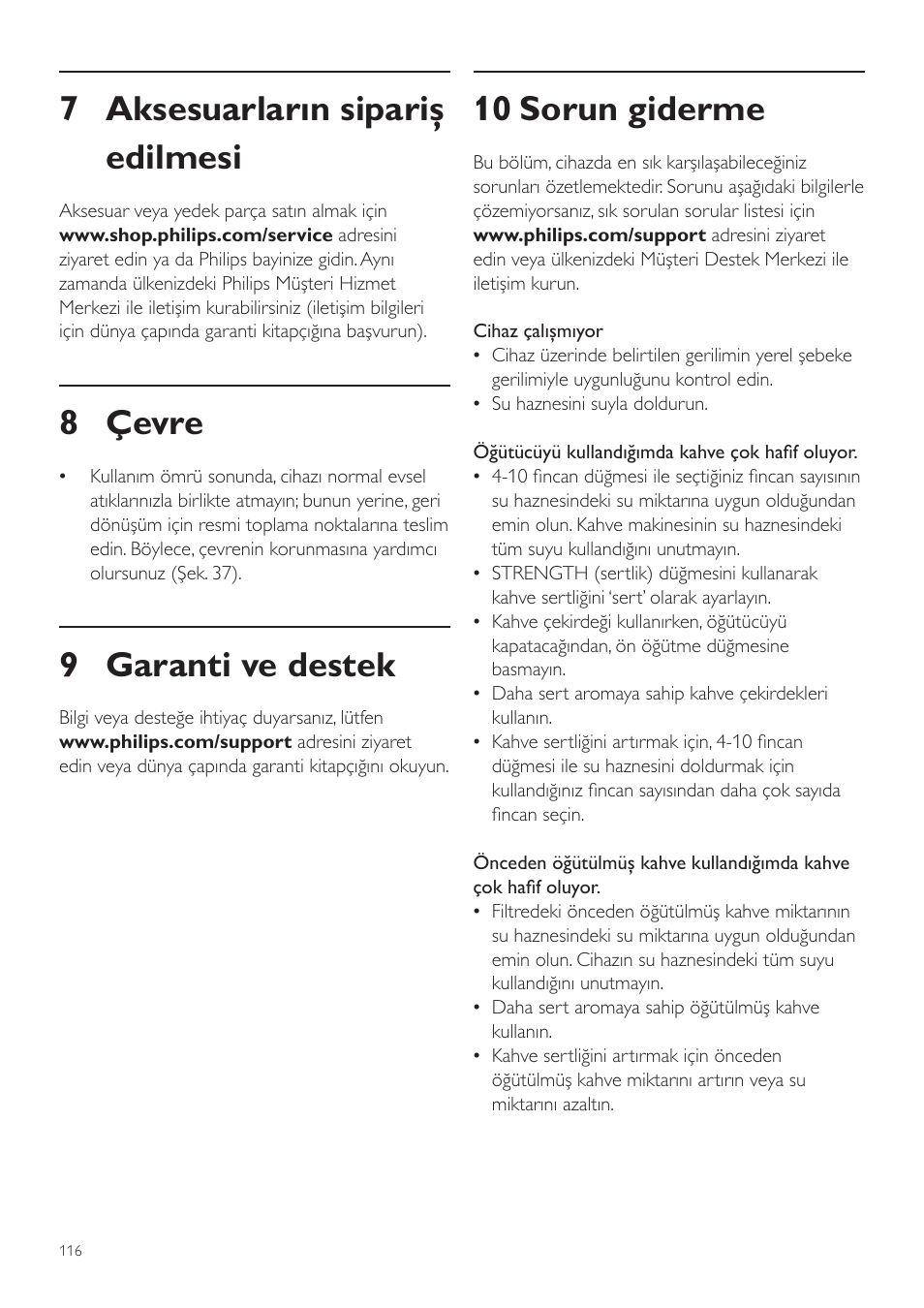 10 sorun giderme, 7 aksesuarların sipariş edilmesi, 8 çevre | 9 garanti ve destek | Philips Grind & Brew Cafetière User Manual | Page 116 / 124