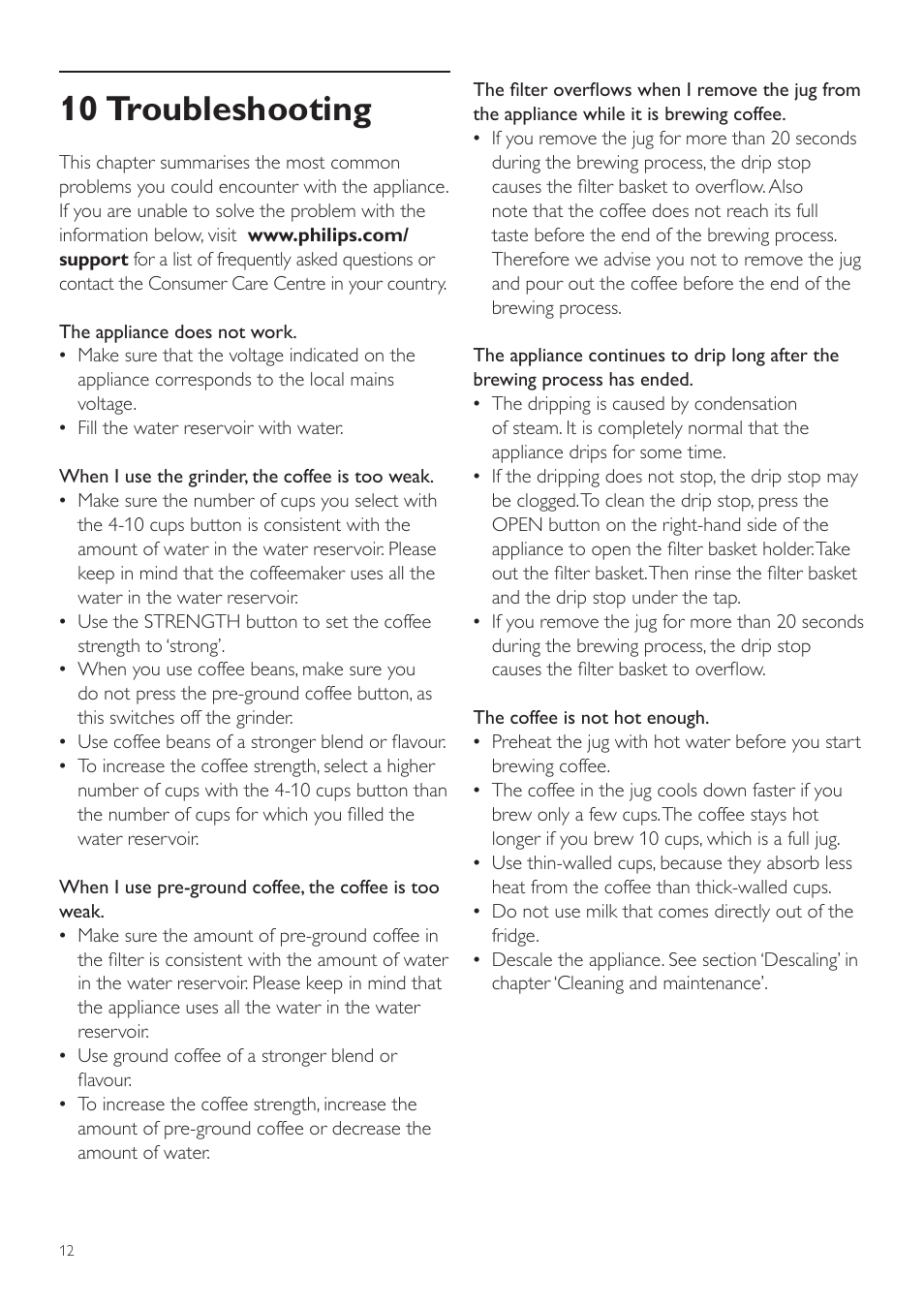 10 troubleshooting | Philips Grind & Brew Cafetière User Manual | Page 12 / 124