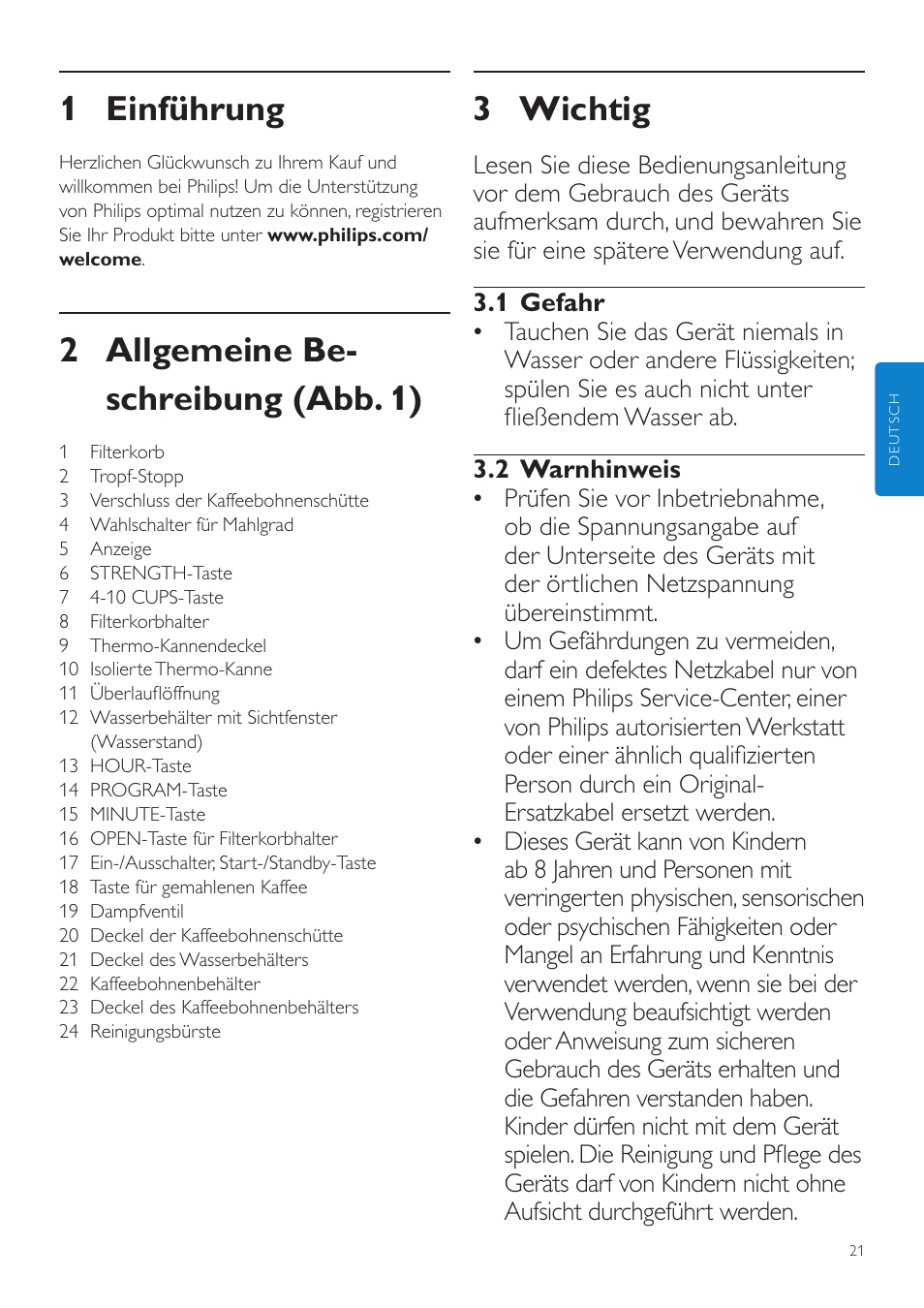 Deutsch, Benutzerhandbuch, 3 wichtig | 1 einführung, 2 allgemeine be- schreibung (abb. 1) | Philips Grind & Brew Cafetière User Manual | Page 21 / 124