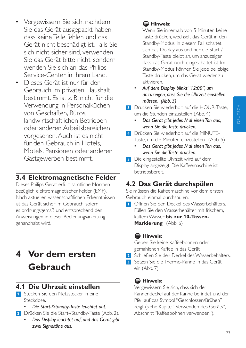 4 vor dem ersten gebrauch, 2 das gerät durchspülen, 1 die uhrzeit einstellen | Philips Grind & Brew Cafetière User Manual | Page 23 / 124