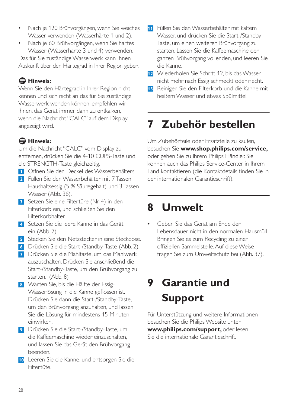 7 zubehör bestellen, 8 umwelt, 9 garantie und support | Philips Grind & Brew Cafetière User Manual | Page 28 / 124