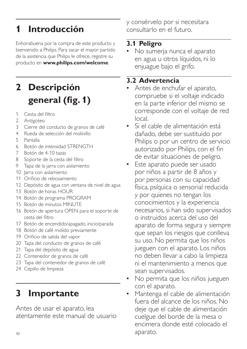 Español, Manual del usuario, 1 introducción | 2 descripción general (fig. 1), 3 importante | Philips Grind & Brew Cafetière User Manual | Page 40 / 124