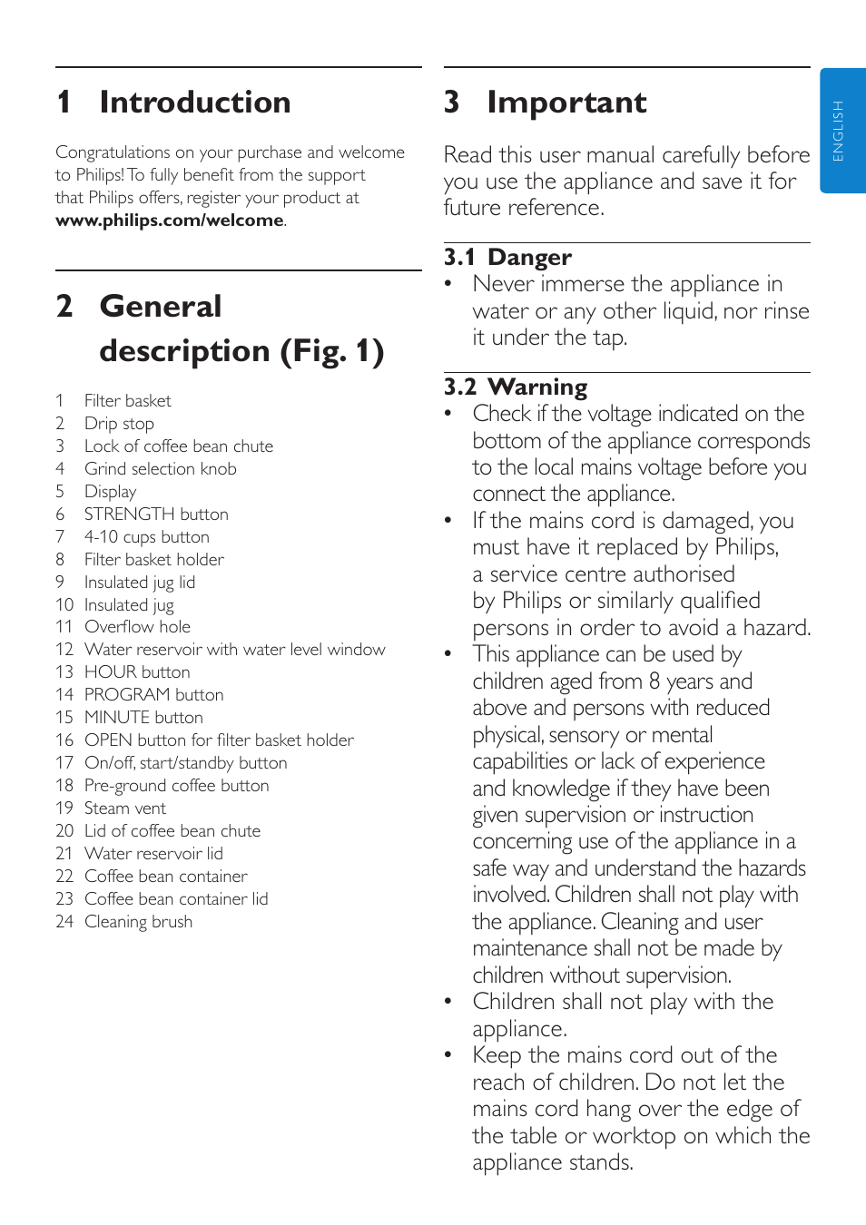 English, User manual, 1 introduction | 2 general description (fig. 1), 3 important | Philips Grind & Brew Cafetière User Manual | Page 5 / 124