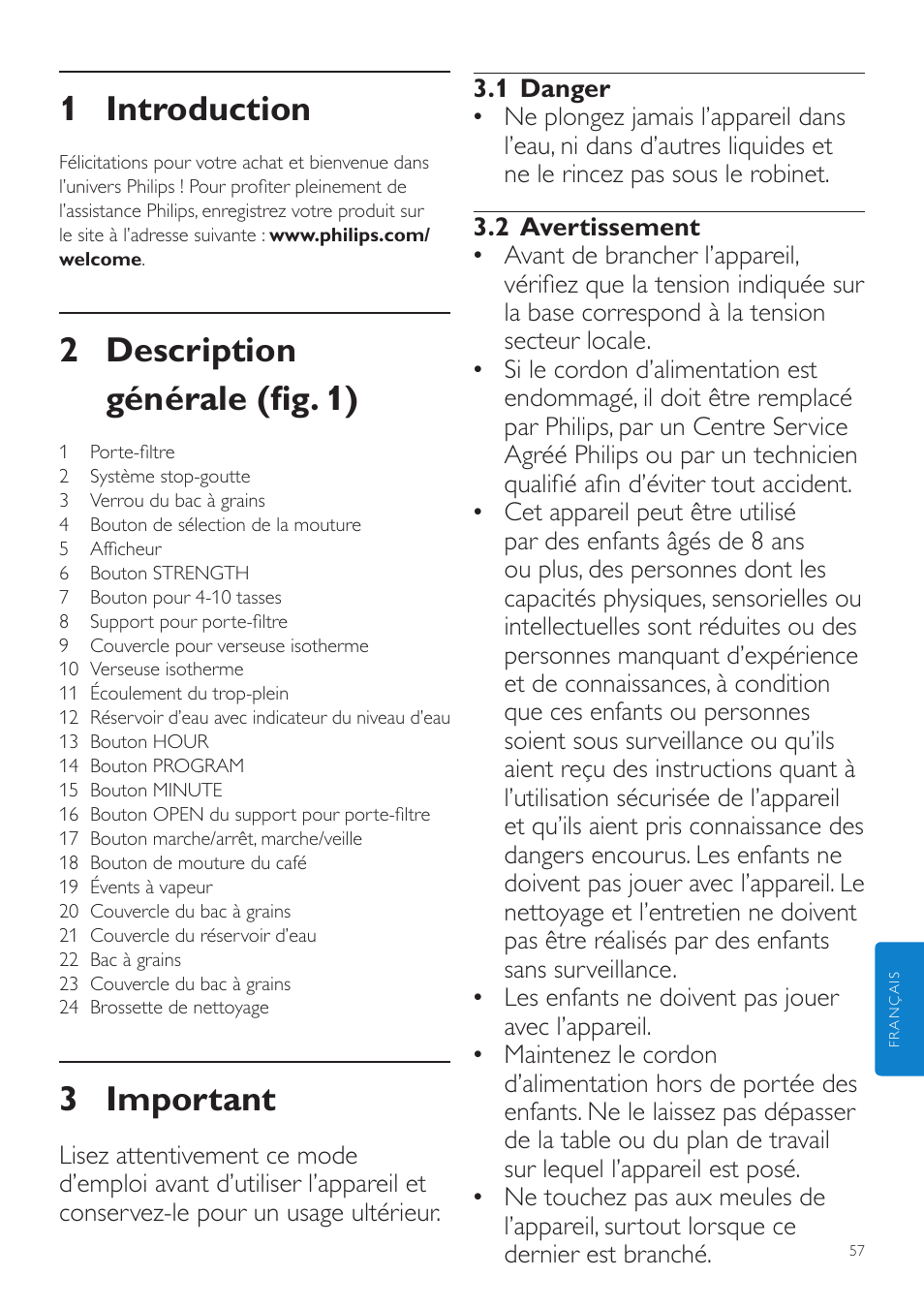 Français, Mode d’emploi, 1 introduction | 2 description générale (fig. 1), 3 important | Philips Grind & Brew Cafetière User Manual | Page 57 / 124