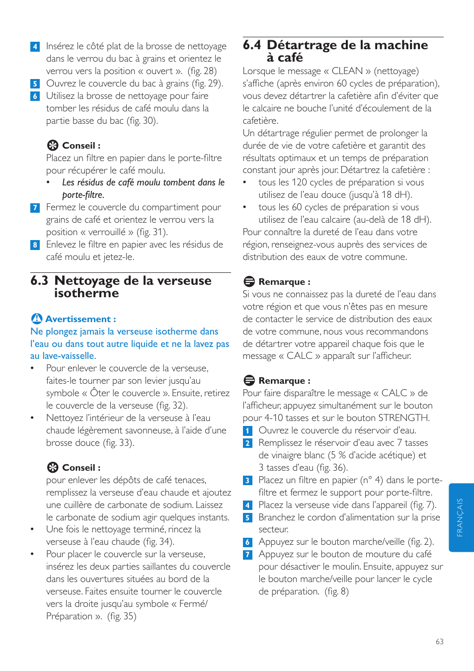 4 détartrage de la machine à café, 3 nettoyage de la verseuse isotherme | Philips Grind & Brew Cafetière User Manual | Page 63 / 124