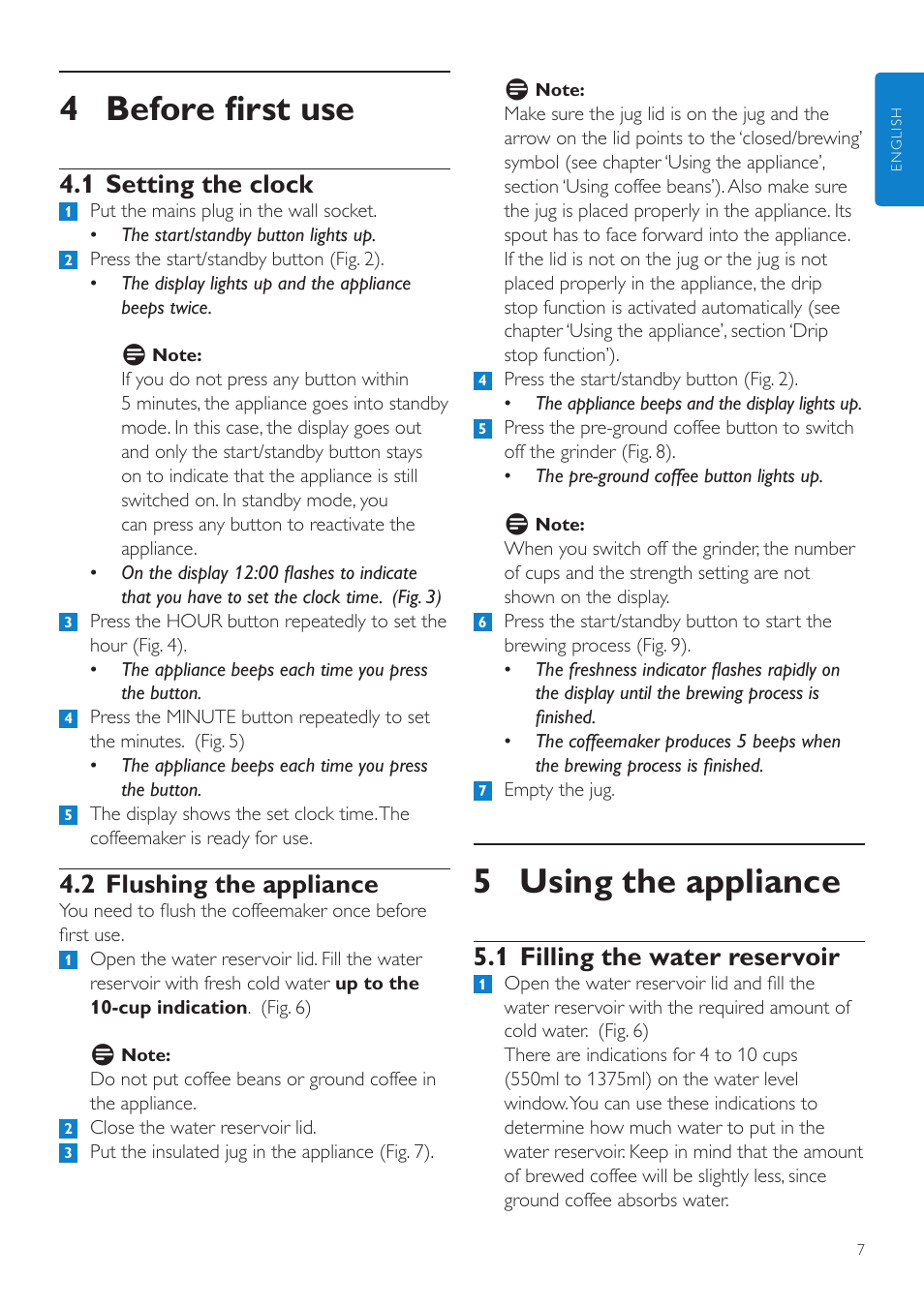 5 using the appliance, 4 before first use, 1 filling the water reservoir | 1 setting the clock, 2 flushing the appliance | Philips Grind & Brew Cafetière User Manual | Page 7 / 124