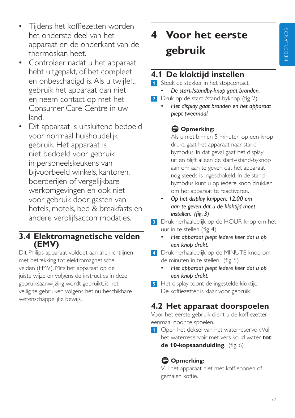 4 voor het eerste gebruik, 1 de kloktijd instellen, 2 het apparaat doorspoelen | Philips Grind & Brew Cafetière User Manual | Page 77 / 124