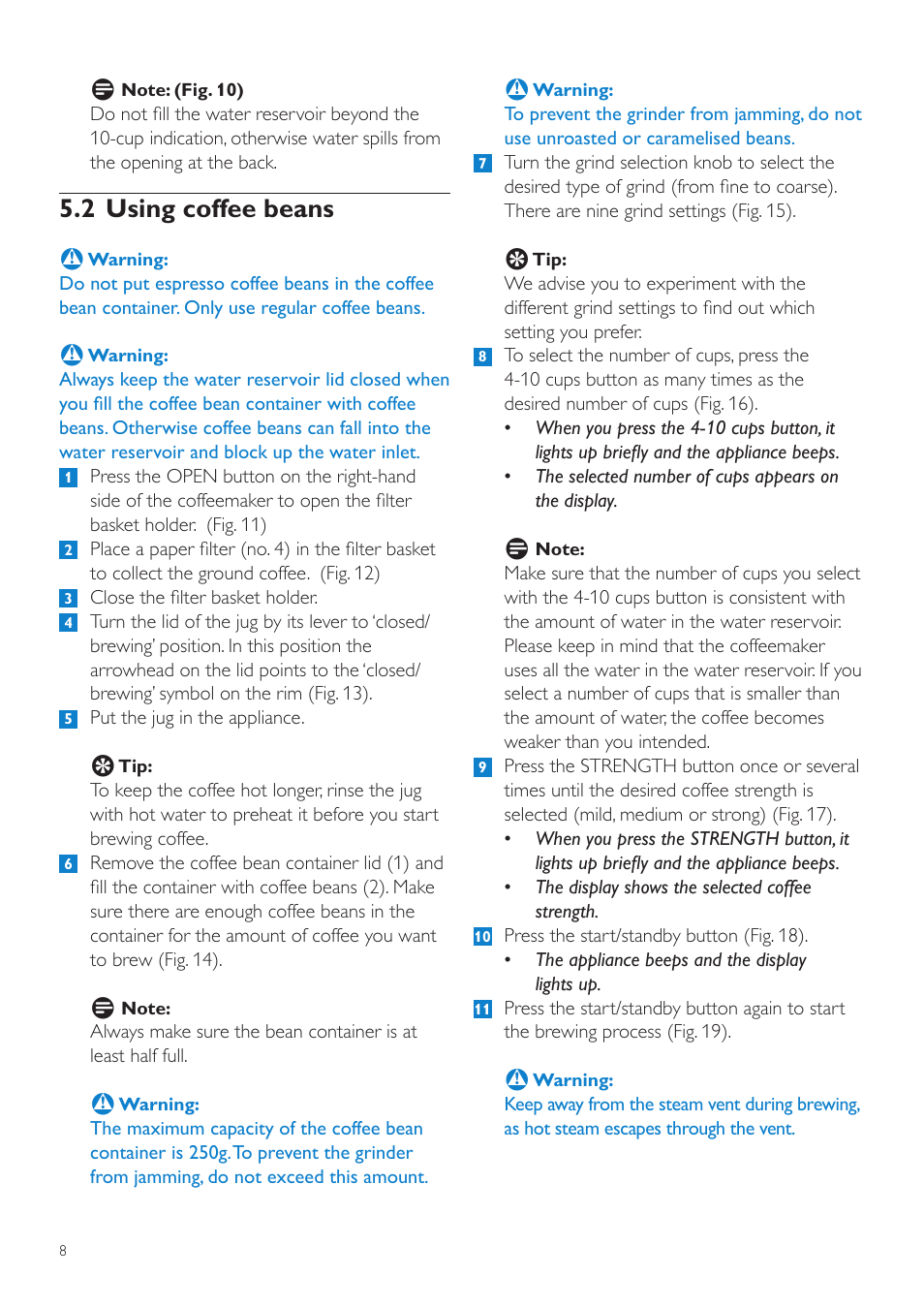 2 using coffee beans | Philips Grind & Brew Cafetière User Manual | Page 8 / 124