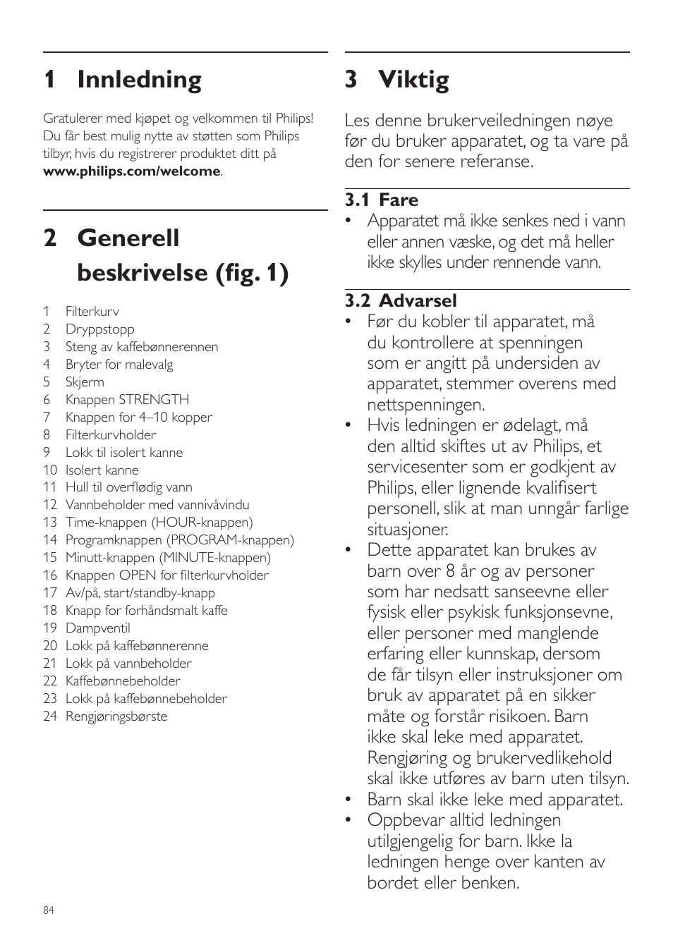 Norsk, Brukerhåndbok, 3 viktig | 1 innledning, 2 generell beskrivelse (fig. 1) | Philips Grind & Brew Cafetière User Manual | Page 84 / 124