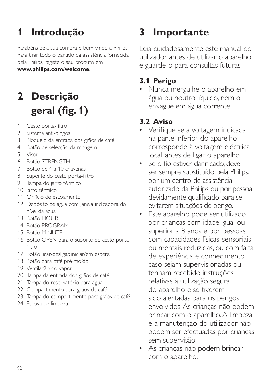 Português, Manual do utilizador, 3 importante | 1 introdução, 2 descrição geral (fig. 1) | Philips Grind & Brew Cafetière User Manual | Page 92 / 124