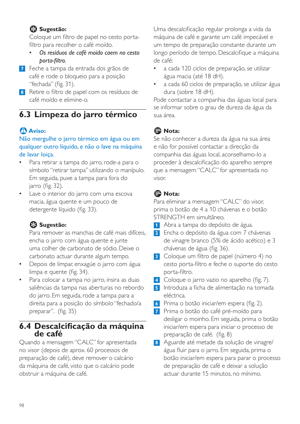 3 limpeza do jarro térmico, 4 descalcificação da máquina de café | Philips Grind & Brew Cafetière User Manual | Page 98 / 124