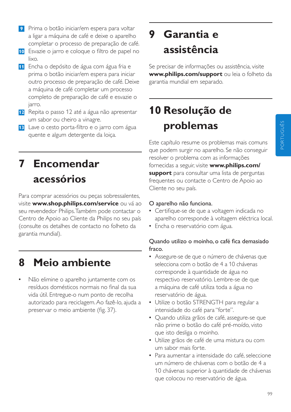 9 garantia e assistência, 10 resolução de problemas, 7 encomendar acessórios | 8 meio ambiente | Philips Grind & Brew Cafetière User Manual | Page 99 / 124