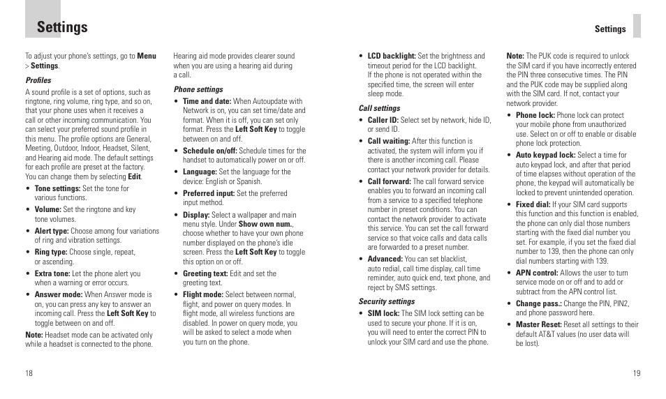 Settings | AT&T R225 User Manual | Page 11 / 18