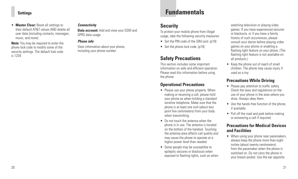 Fundamentals, Security, Safety precautions | AT&T R225 User Manual | Page 12 / 18