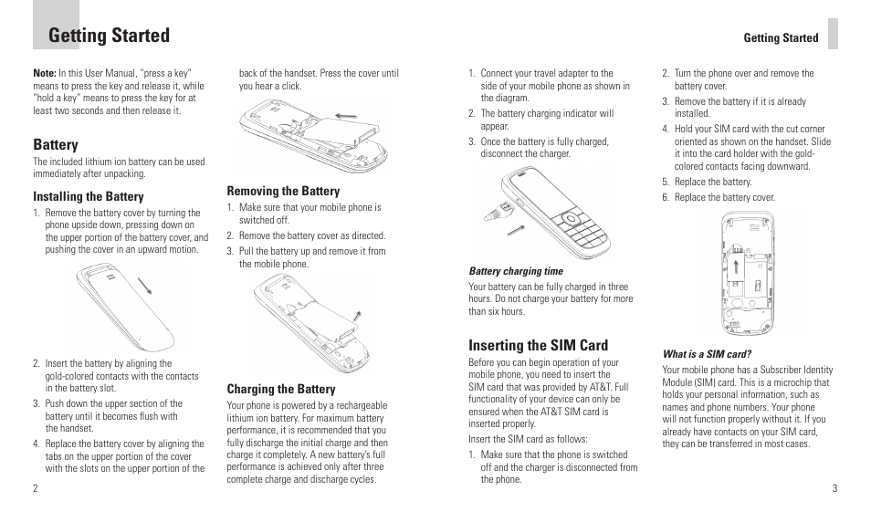Getting started, Inserting the sim card, Battery | AT&T R225 User Manual | Page 3 / 18