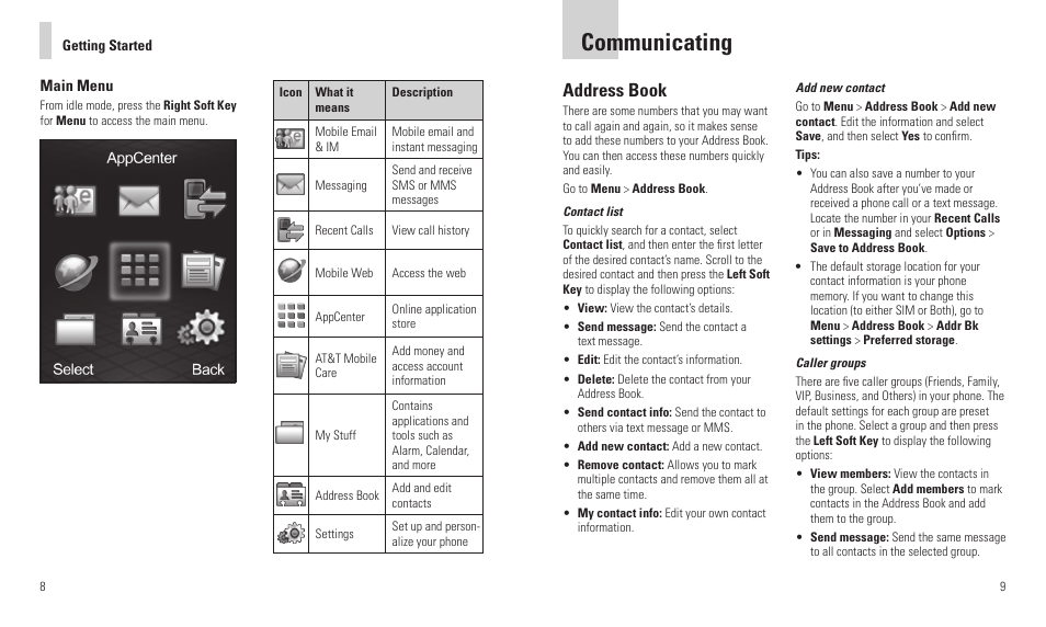 Communicating, Address book | AT&T R225 User Manual | Page 6 / 18