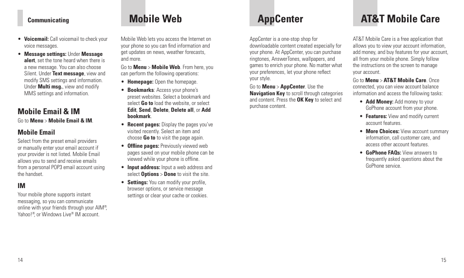 Mobile web, Appcenter at&t mobile care, Mobile email & im | AT&T R225 User Manual | Page 9 / 18