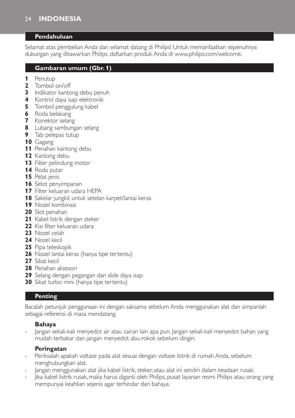 Indonesia, Indonesia 24 | Philips EasyLife Aspirateur avec sac User Manual | Page 24 / 84