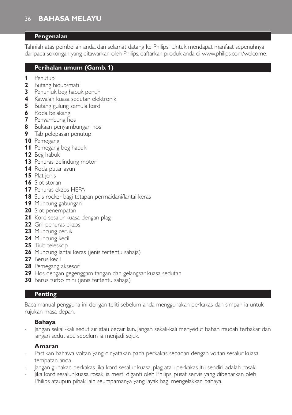 Bahasa melayu, Bahasa melayu 36 | Philips EasyLife Aspirateur avec sac User Manual | Page 36 / 84