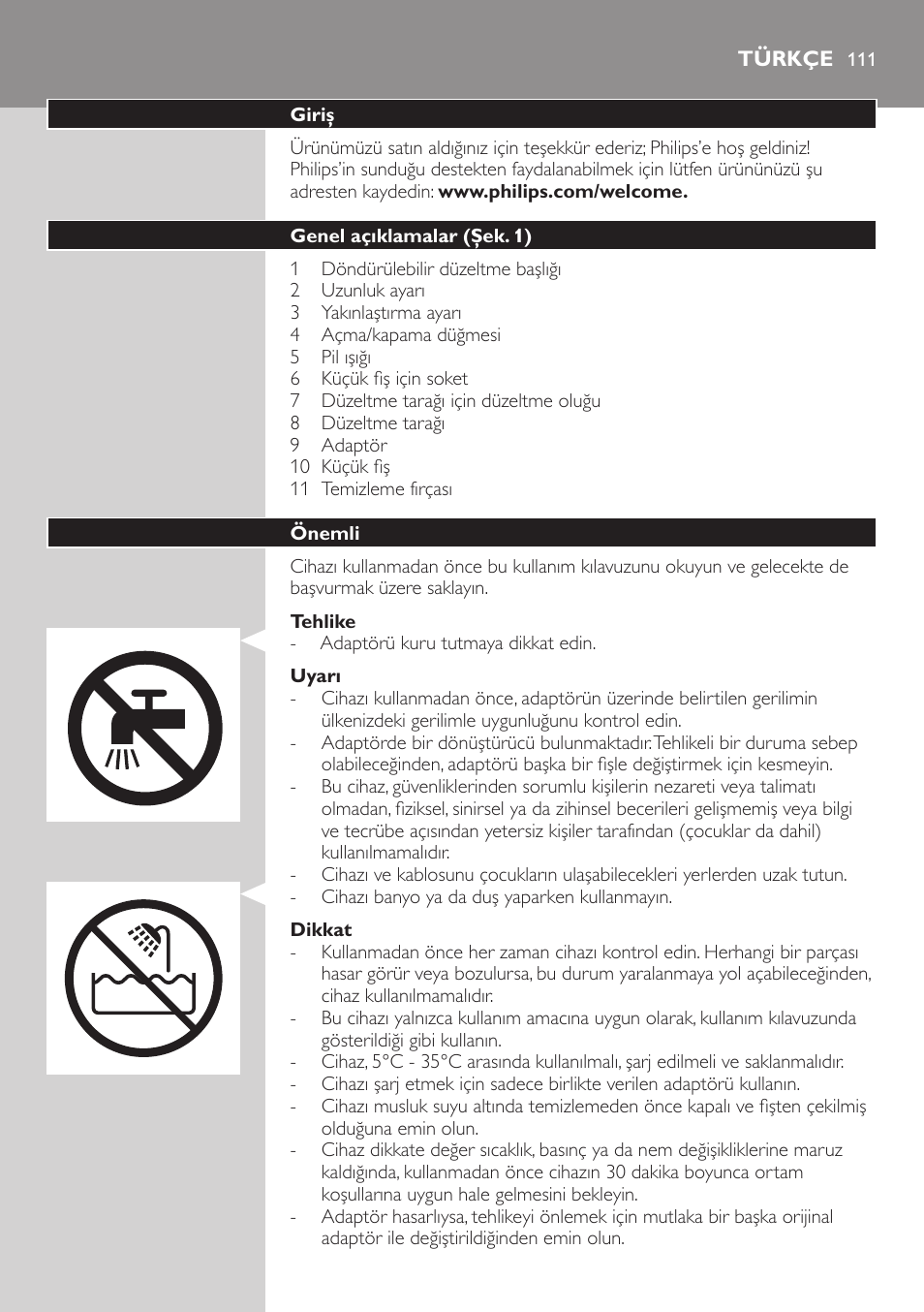 Türkçe, Türkçe 111 | Philips BEARDTRIMMER Series 5000 Tondeuse barbe étanche User Manual | Page 111 / 122