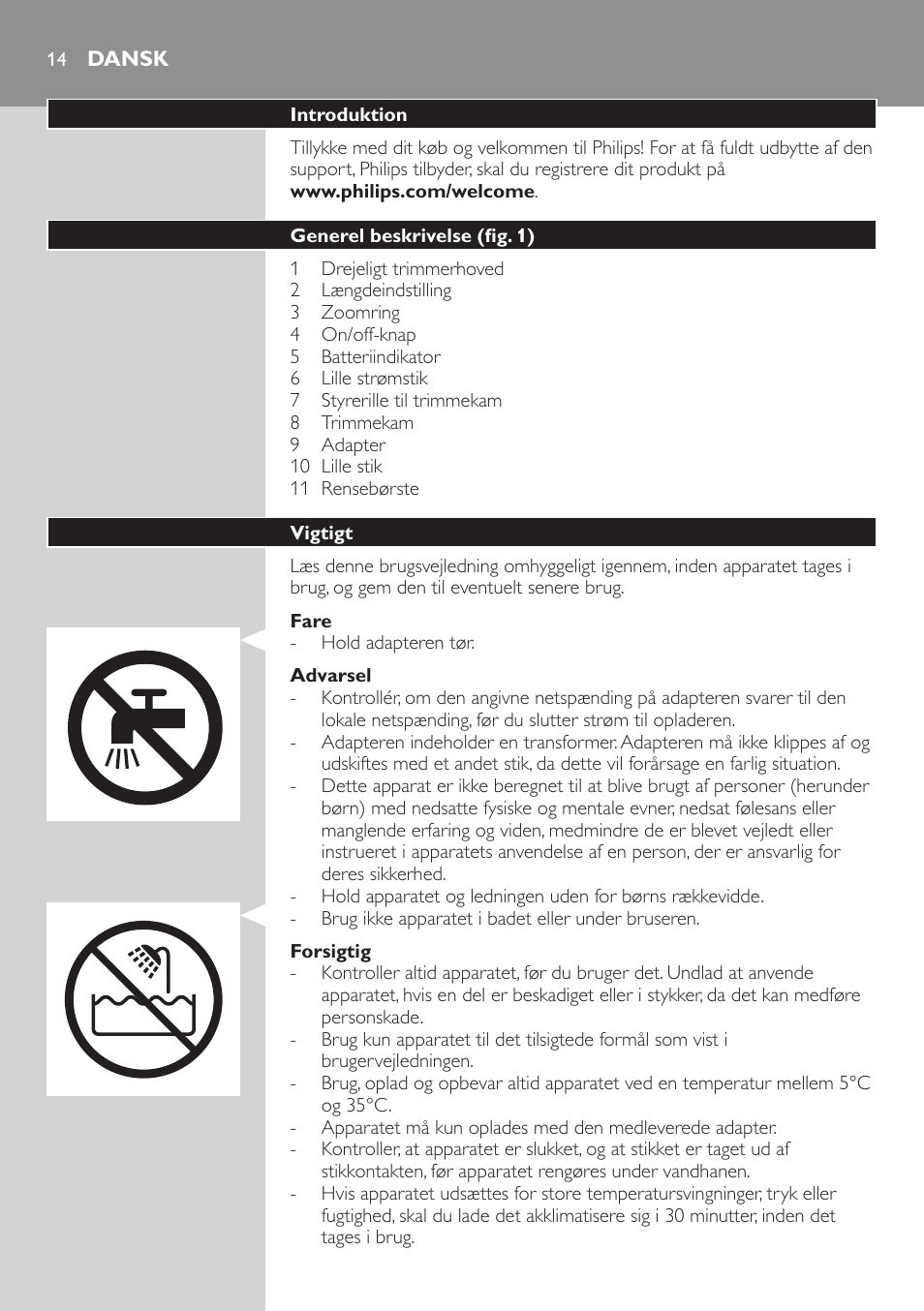 Dansk | Philips BEARDTRIMMER Series 5000 Tondeuse barbe étanche User Manual | Page 14 / 122