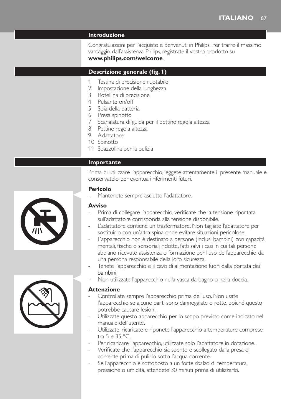 Italiano | Philips BEARDTRIMMER Series 5000 Tondeuse barbe étanche User Manual | Page 67 / 122