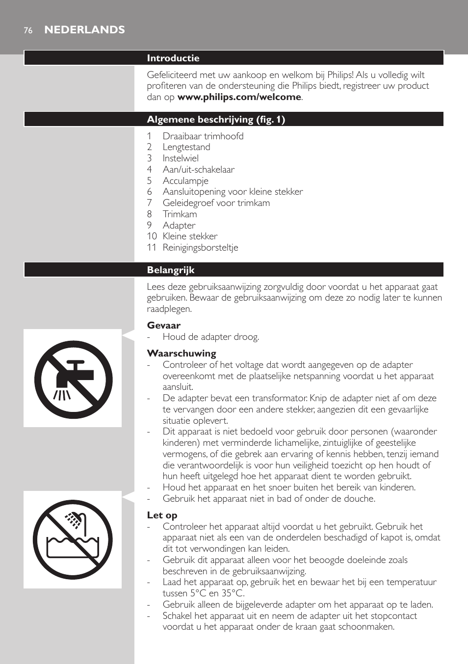 Nederlands, Nederlands 76 | Philips BEARDTRIMMER Series 5000 Tondeuse barbe étanche User Manual | Page 76 / 122